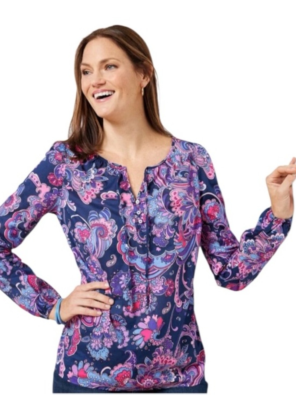 Talbots Gathered Tie-Neck Paisley Floral Swirl Long-Sleeve Blouse (P)